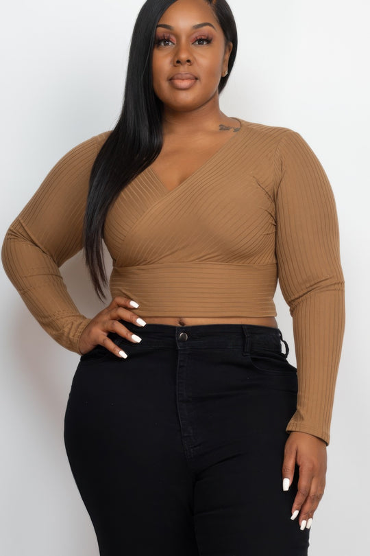 Plus Size Ribbed Wrap Front Long Sleeve Top - Love it Curvy