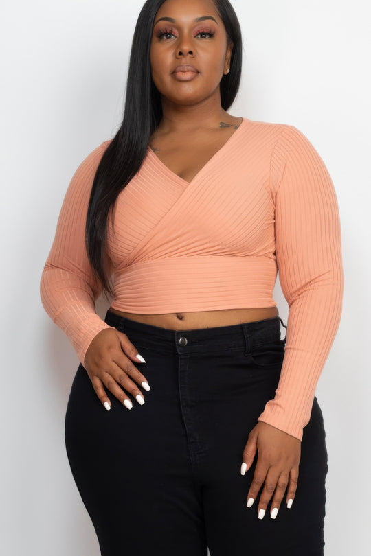 Plus Size Ribbed Wrap Front Long Sleeve Top - Love it Curvy