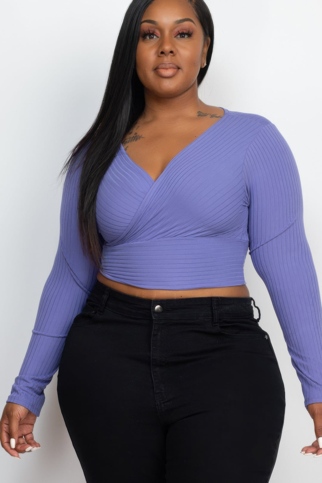 Plus Size Ribbed Wrap Front Long Sleeve Top - Love it Curvy