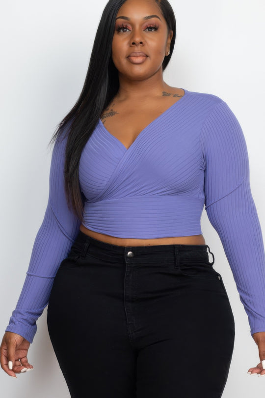 Plus Size Ribbed Wrap Front Long Sleeve Top - Love it Curvy