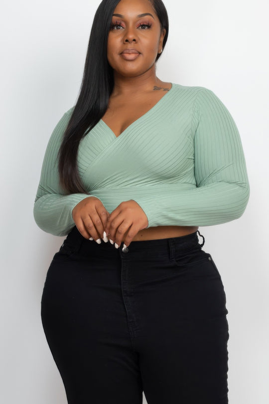 Plus Size Ribbed Wrap Front Long Sleeve Top - Love it Curvy