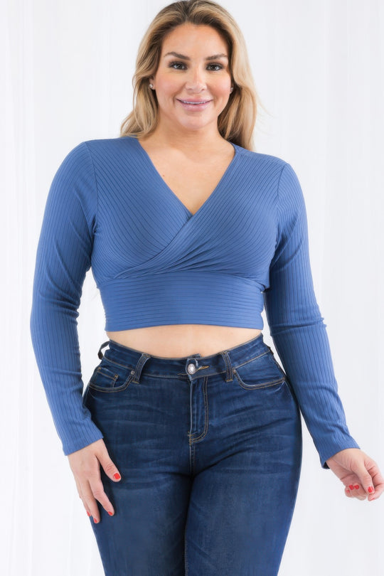 Plus Size Ribbed Wrap Front Long Sleeve Top - Love it Curvy
