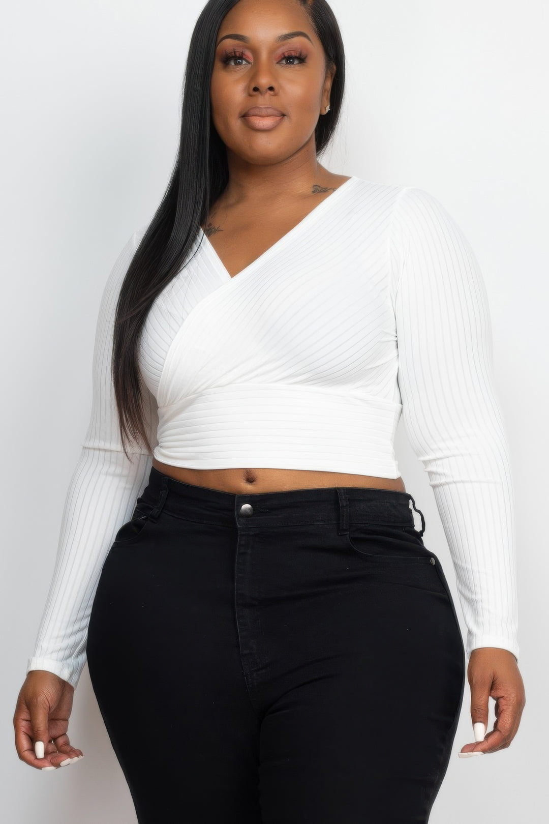 Plus Size Ribbed Wrap Front Long Sleeve Top - Love it Curvy