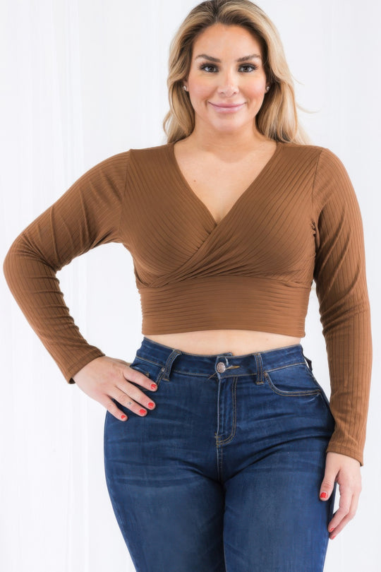 Plus Size Ribbed Wrap Front Long Sleeve Top - Love it Curvy