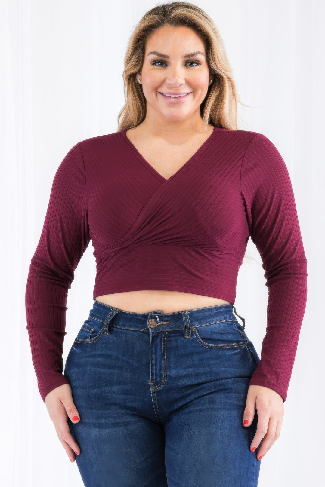 Plus Size Ribbed Wrap Front Long Sleeve Top - Love it Curvy