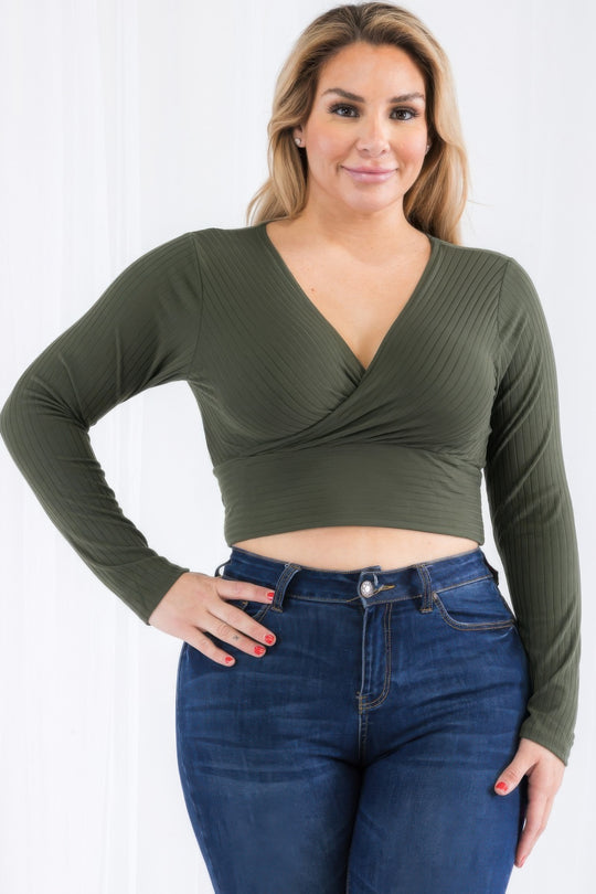 Plus Size Ribbed Wrap Front Long Sleeve Top - Love it Curvy