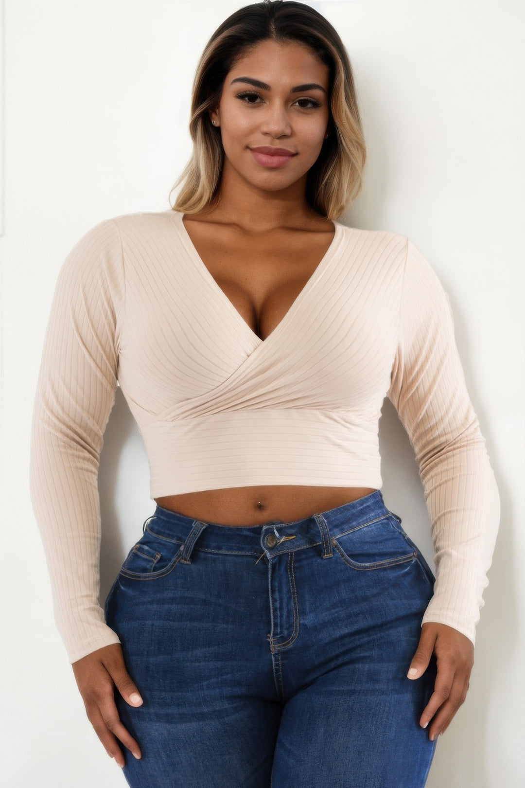 Plus Size Ribbed Wrap Front Long Sleeve Top - Love it Curvy