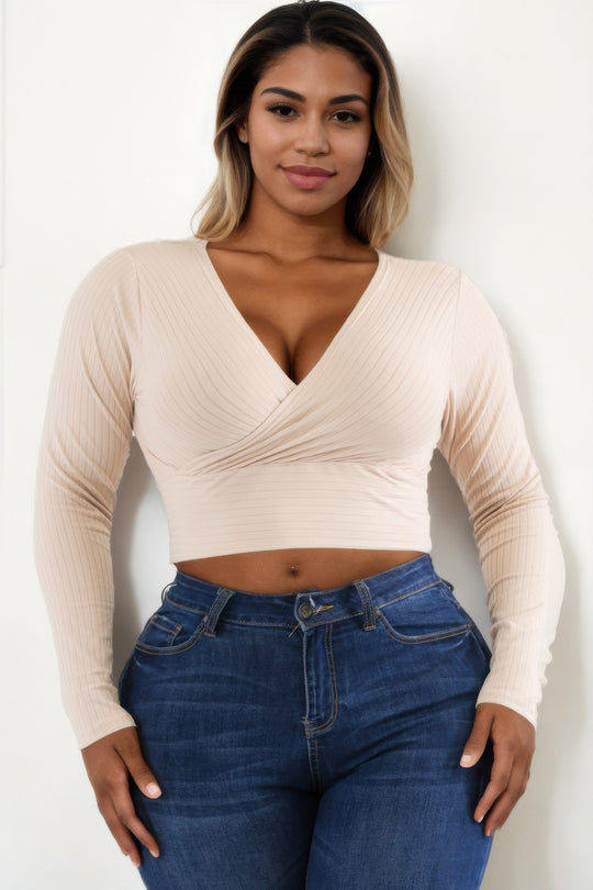 Plus Size Ribbed Wrap Front Long Sleeve Top - Love it Curvy