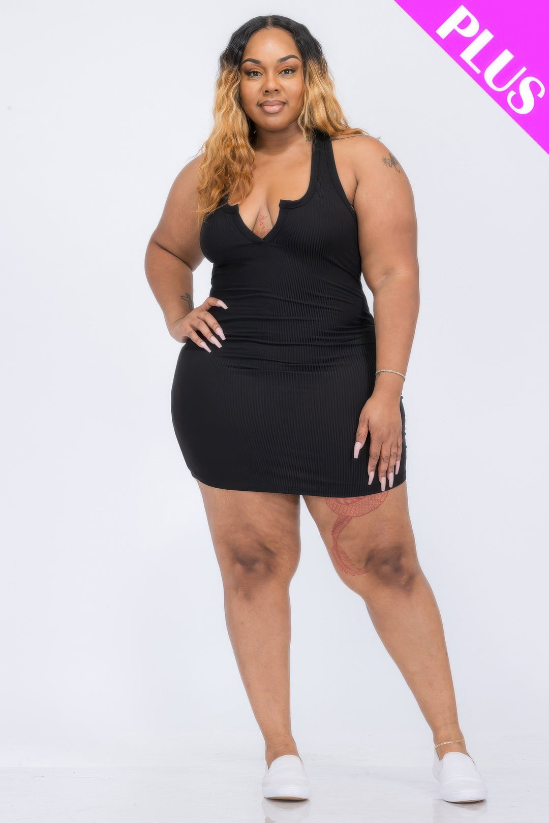 Plus Size Ribbed Split Neck Tank Mini Dress - Love it Curvy