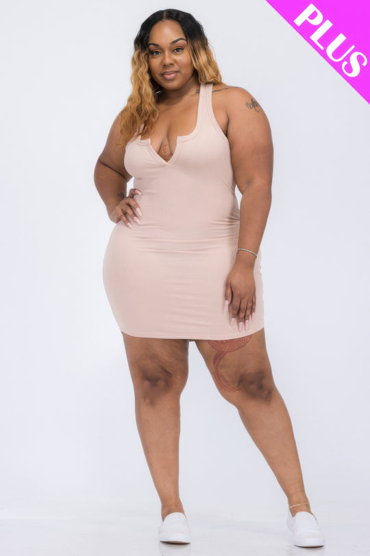 Plus Size Ribbed Split Neck Tank Mini Dress - Love it Curvy