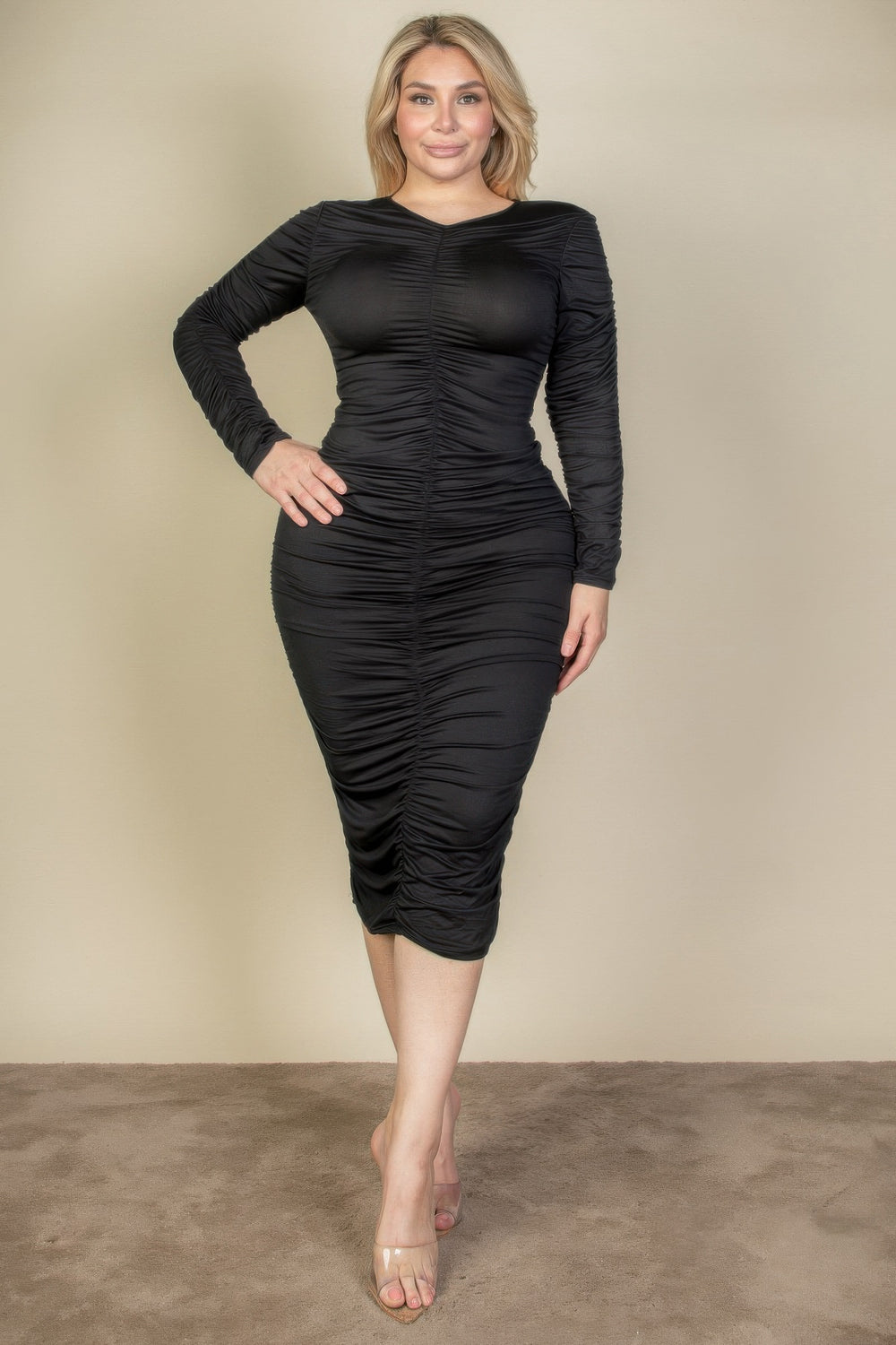 Plus Size Ruched Long Sleeve Midi Dress - Love it Curvy