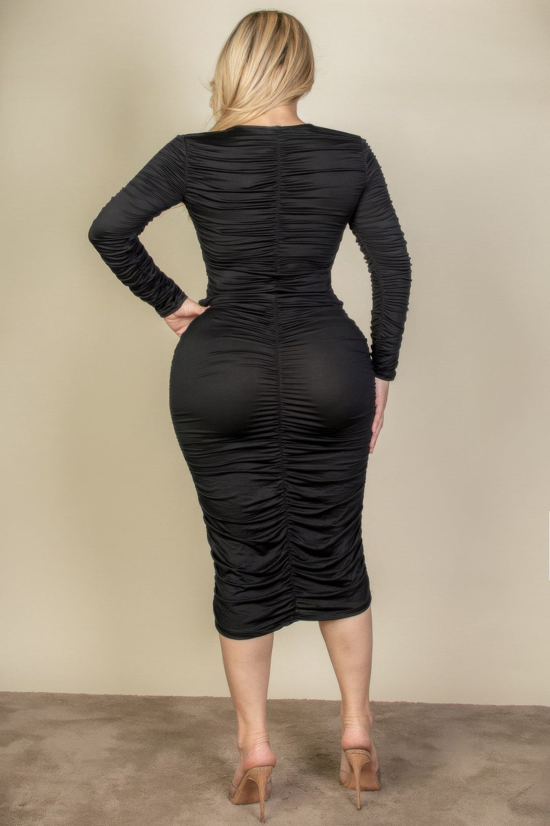 Plus Size Ruched Long Sleeve Midi Dress - Love it Curvy