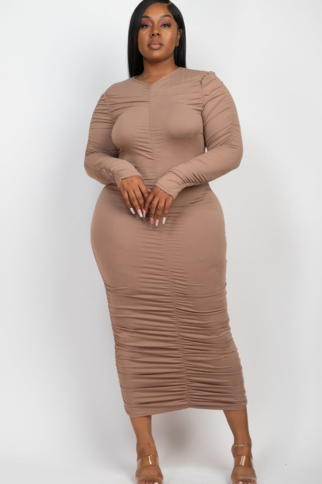 Plus Size Ruched Long Sleeve Midi Dress - Love it Curvy