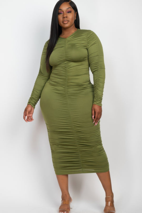 Plus Size Ruched Long Sleeve Midi Dress - Love it Curvy