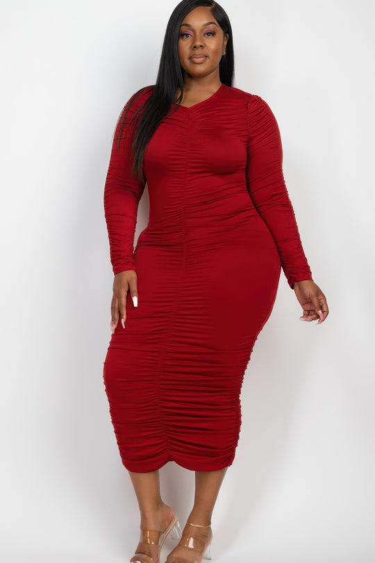 Plus Size Ruched Long Sleeve Midi Dress - Love it Curvy