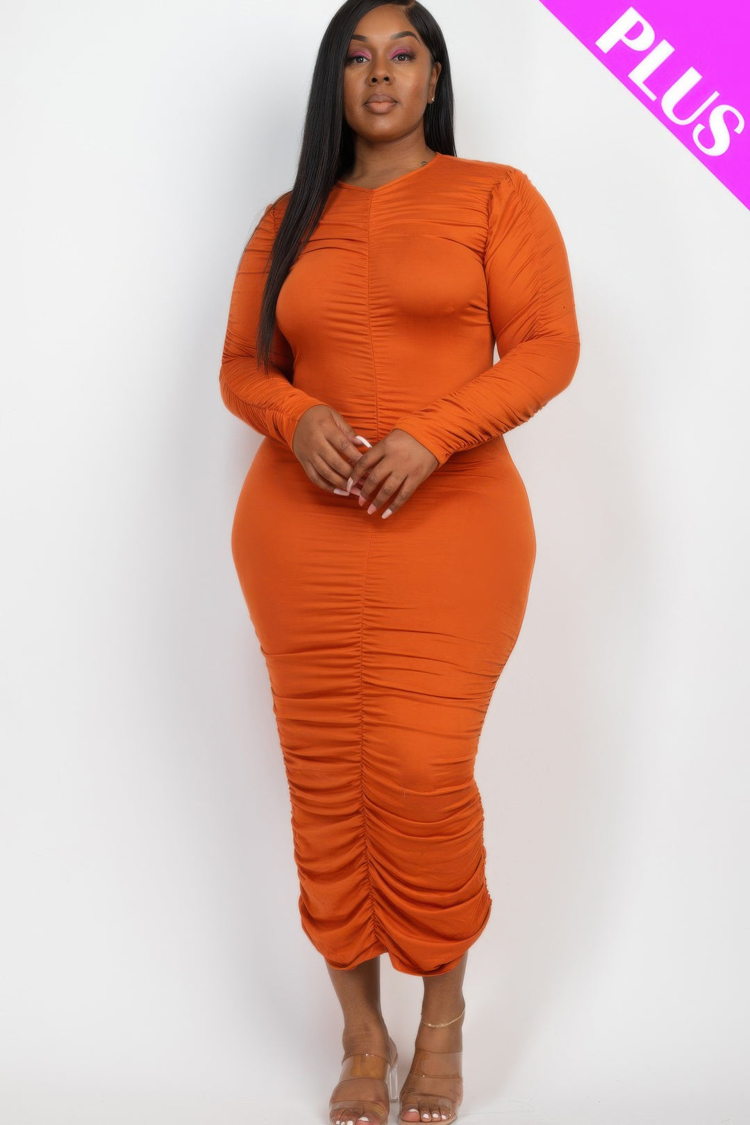 Plus Size Ruched Long Sleeve Midi Dress - Love it Curvy