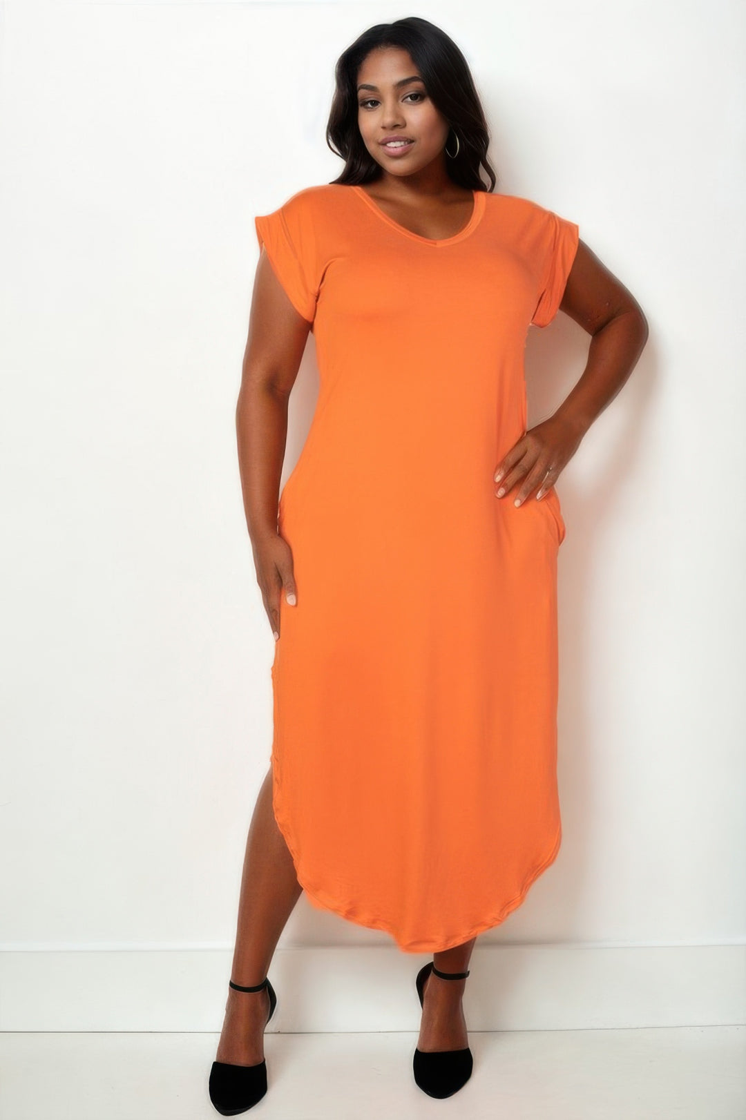 Plus Size Hidden Pocket Batwing Sleeve V Neck Long Dress - Love it Curvy