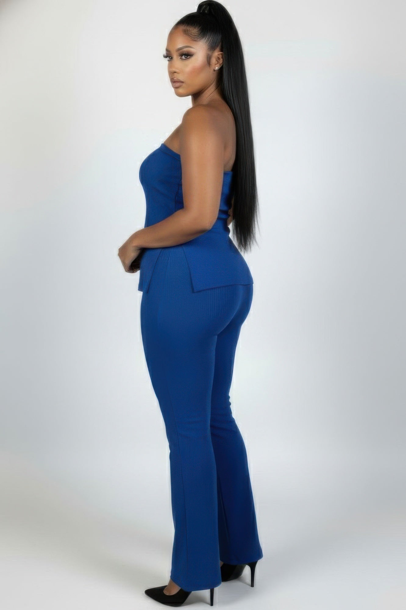 Love It Curvy Plus Size Ultra-fine Ribbed Slit Tube Top & High-waist Flare Pants Set Secondary image