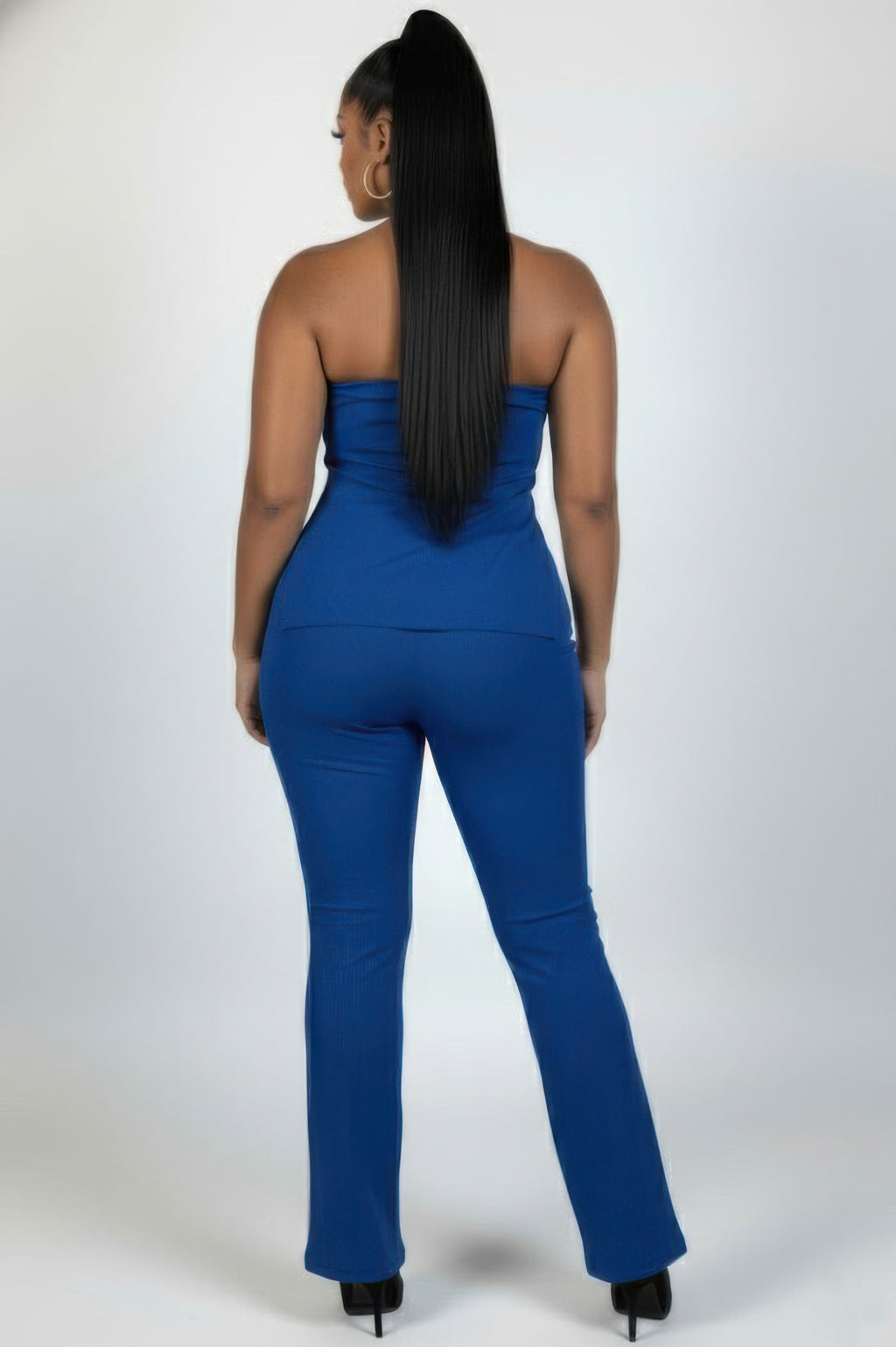 Plus Size Ultra-Fine Ribbed Slit Tube Top & High-Waist Flare Pants Set