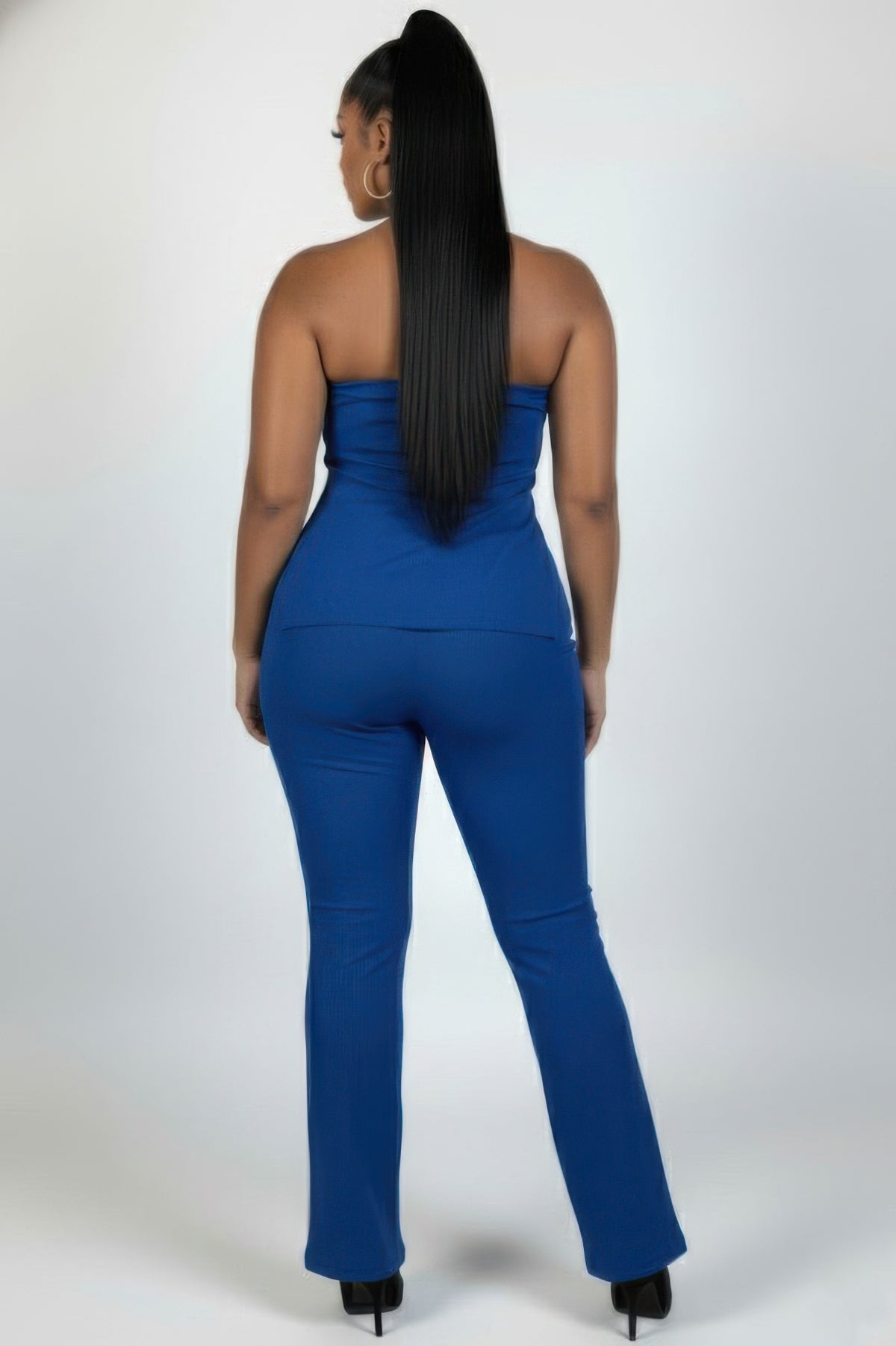 Plus Size Ultra-Fine Ribbed Slit Tube Top & High-Waist Flare Pants Set