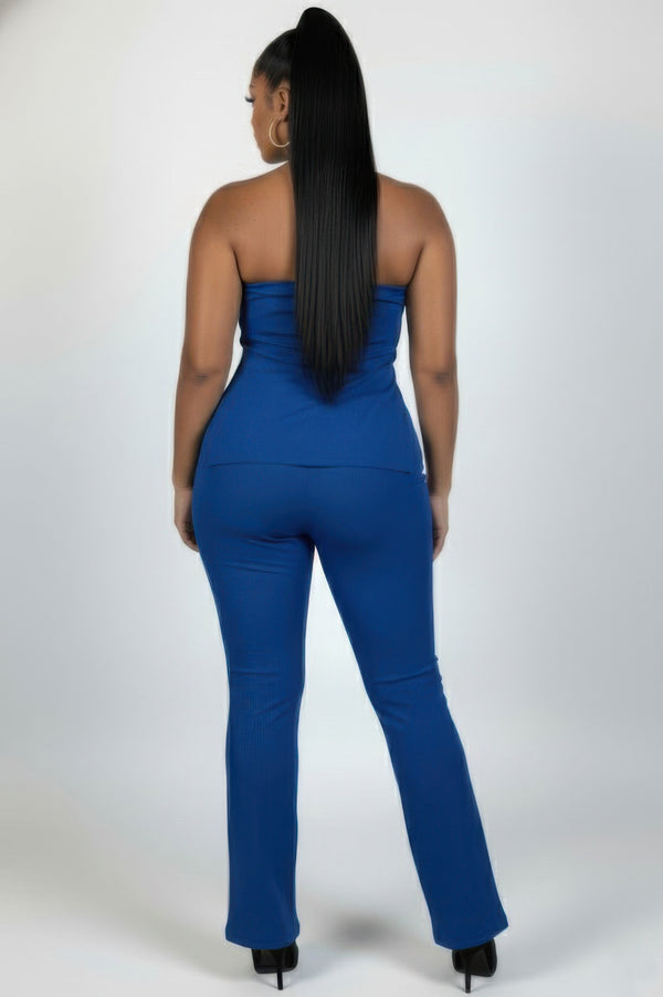 Plus Size Ultra-Fine Ribbed Slit Tube Top & High-Waist Flare Pants Set