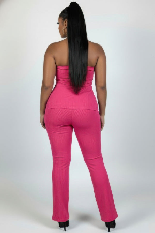 Plus Size Ultra-Fine Ribbed Slit Tube Top & High-Waist Flare Pants Set