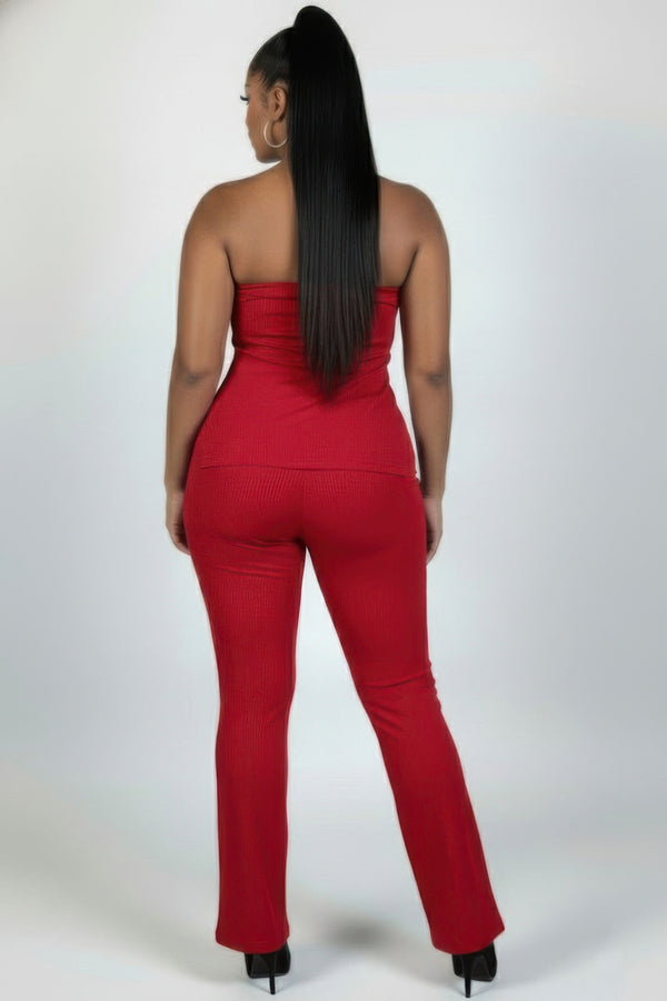 Plus Size Ultra-Fine Ribbed Slit Tube Top & High-Waist Flare Pants Set