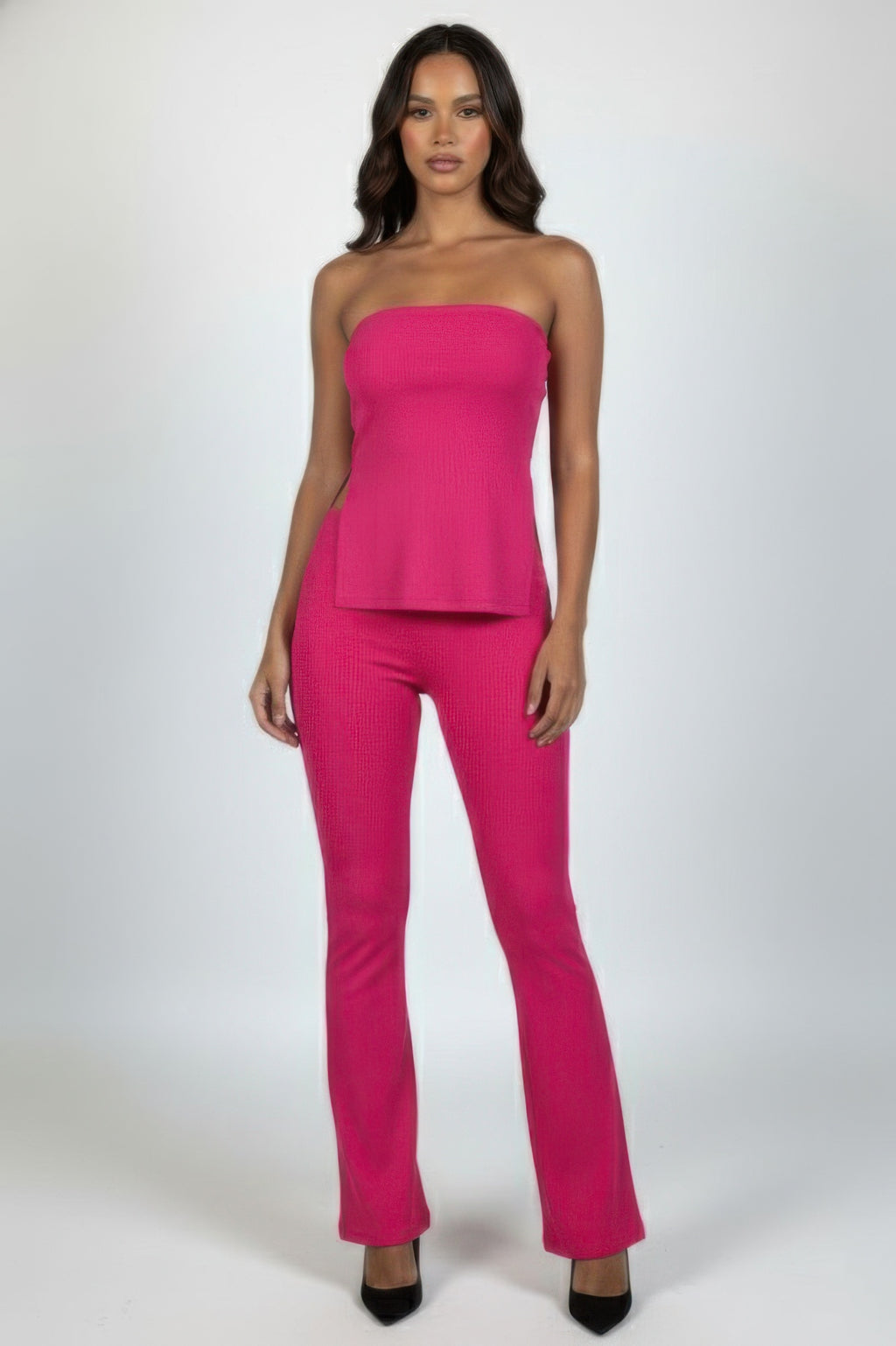 Ribbed Slit Tube Top & High-Waist Flare Pants Set
