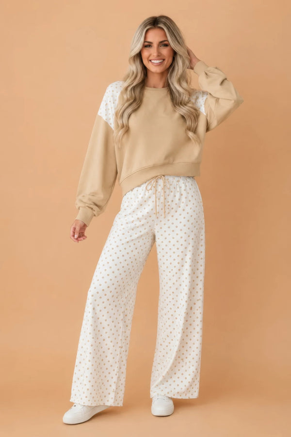 Plus Size Polka Dot Patchwork Crop Sweatshirt & Pants Set