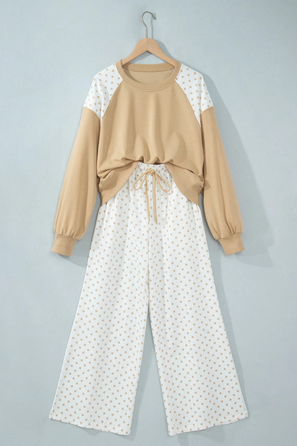 Plus Size Polka Dot Patchwork Crop Sweatshirt & Pants Set