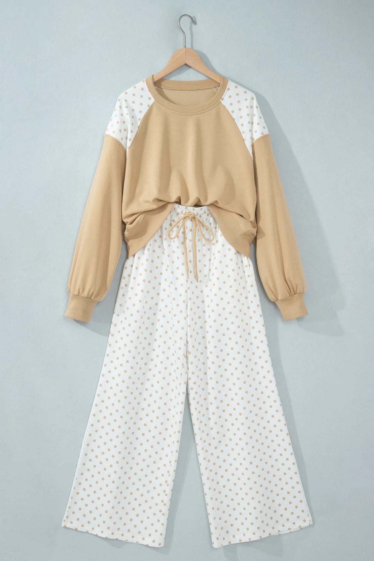 Plus Size Polka Dot Patchwork Crop Sweatshirt & Pants Set