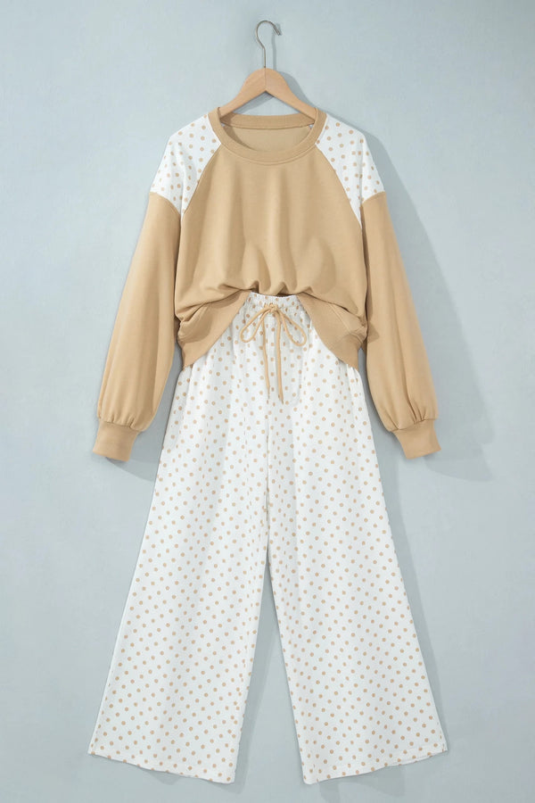 Plus Size Polka Dot Patchwork Crop Sweatshirt & Pants Set