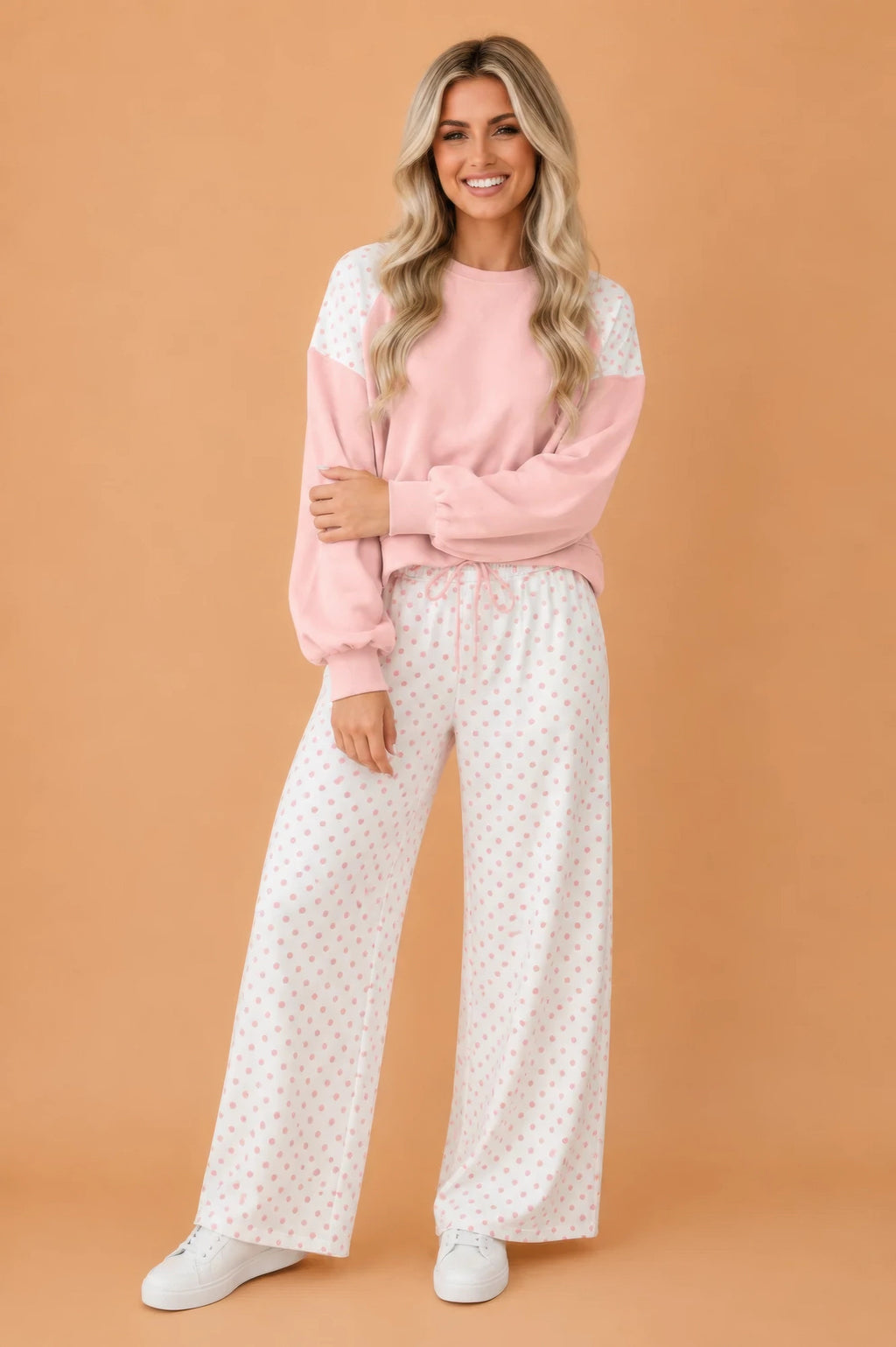 Plus Size Polka Dot Patchwork Crop Sweatshirt & Pants Set