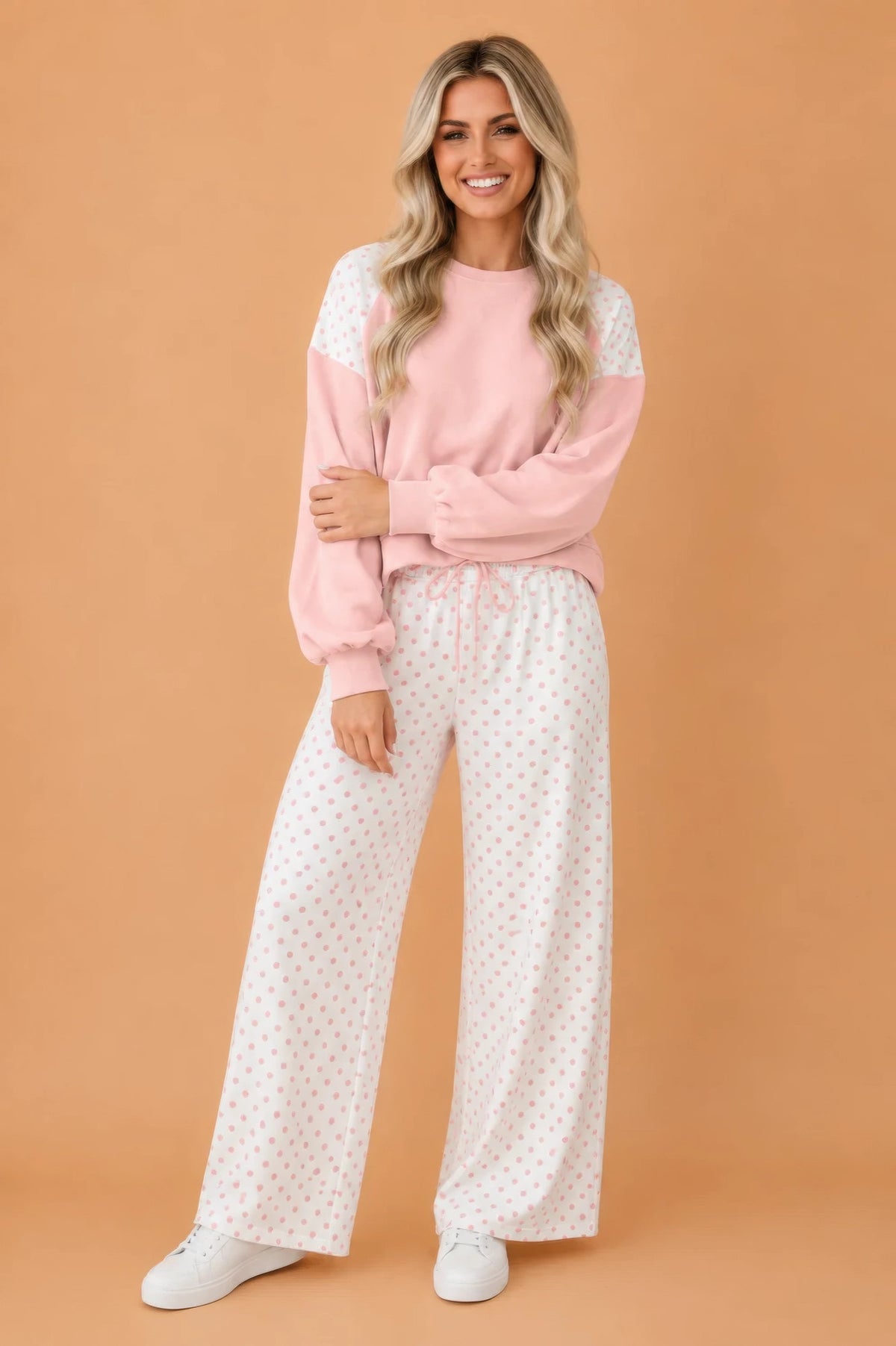 Plus Size Polka Dot Patchwork Crop Sweatshirt & Pants Set