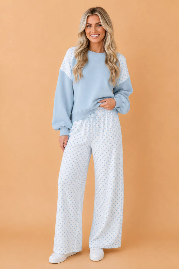 Plus Size Polka Dot Patchwork Crop Sweatshirt & Pants Set