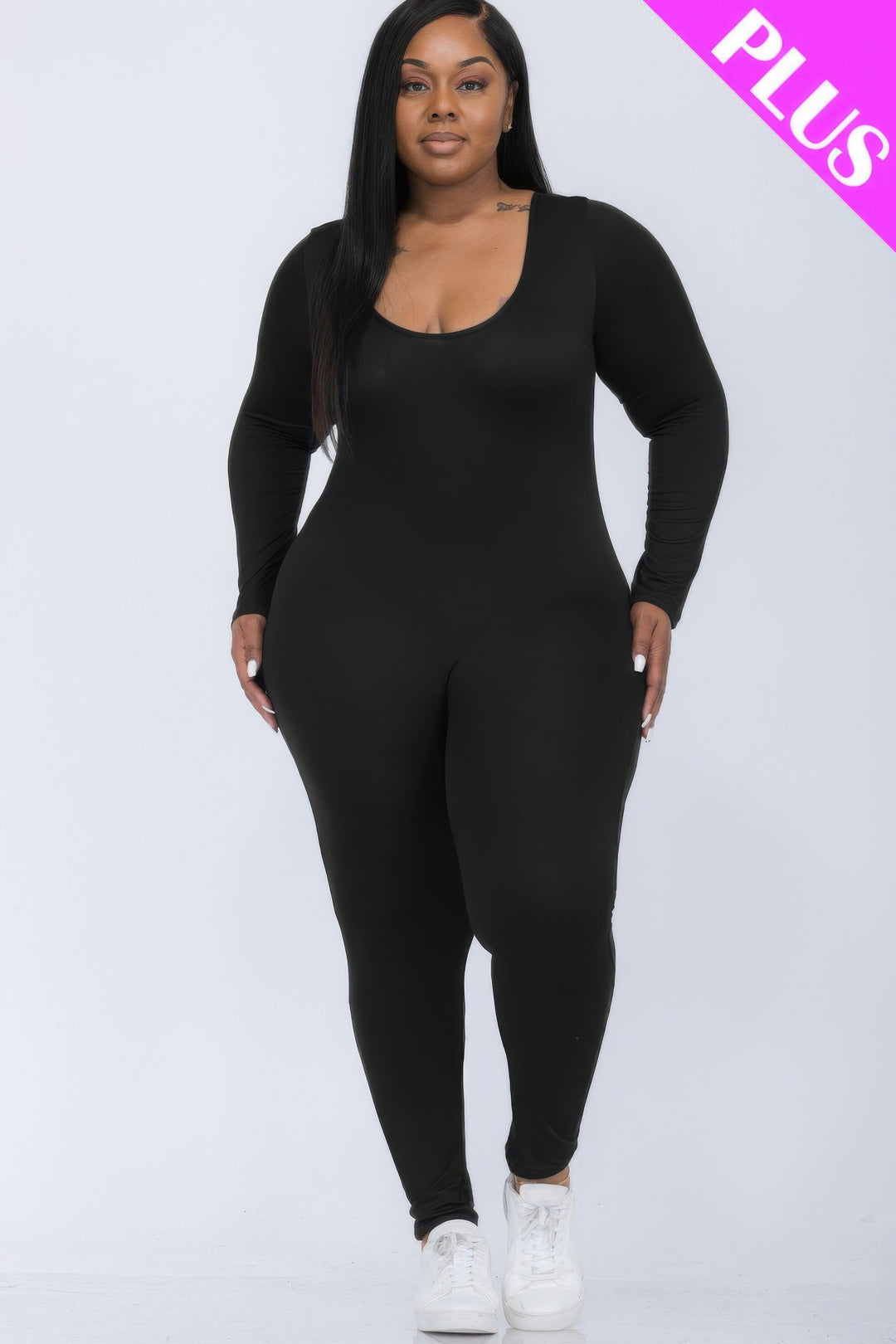 Plus Size Scoop Neck Long Sleeve Bodycon Jumpsuit - Love it Curvy