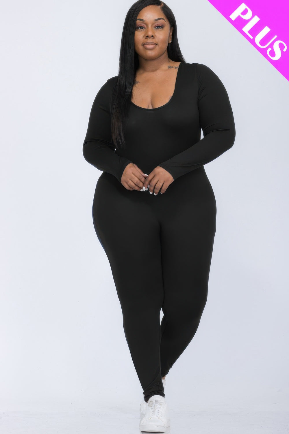 Plus Size Scoop Neck Long Sleeve Bodycon Jumpsuit - Love it Curvy