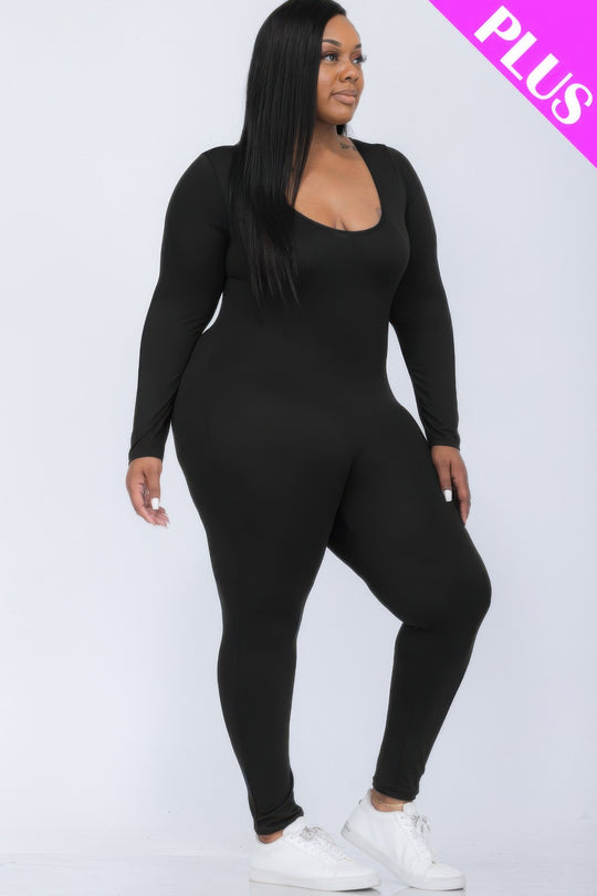 Plus Size Scoop Neck Long Sleeve Bodycon Jumpsuit - Love it Curvy
