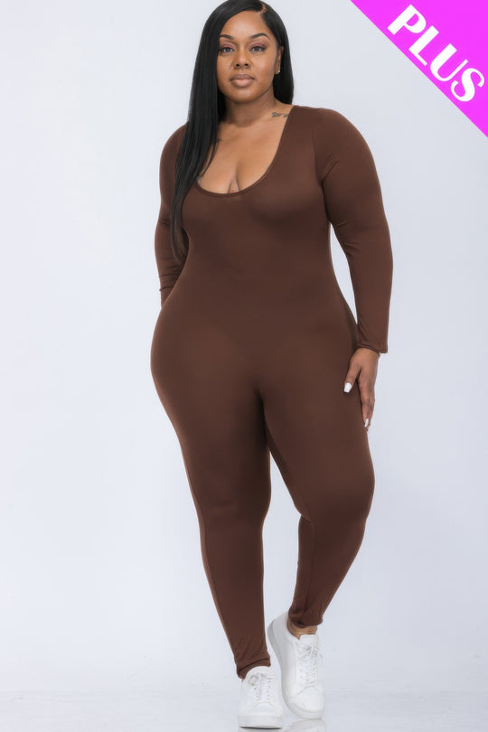 Plus Size Scoop Neck Long Sleeve Bodycon Jumpsuit - Love it Curvy