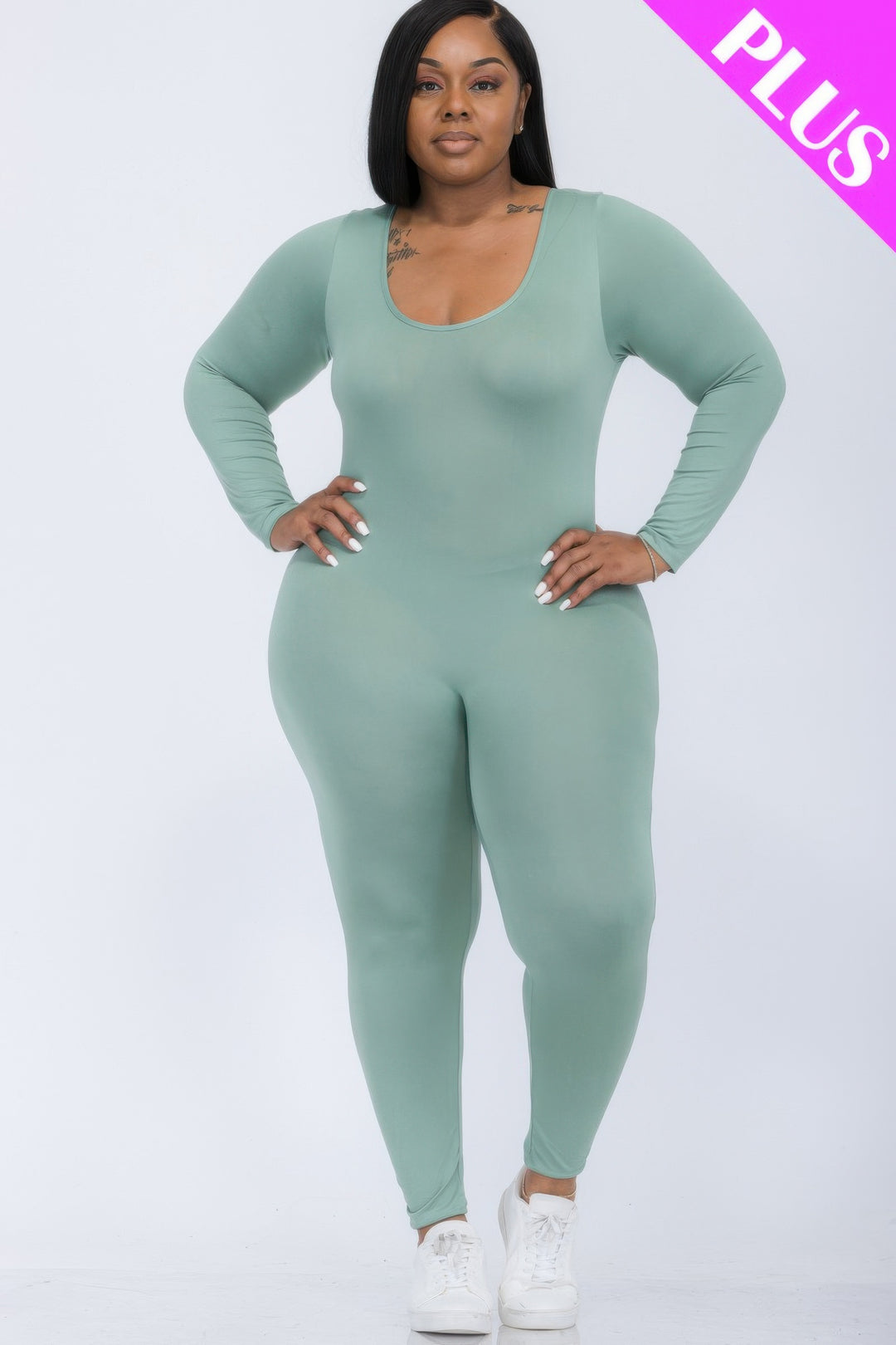 Plus Size Scoop Neck Long Sleeve Bodycon Jumpsuit - Love it Curvy