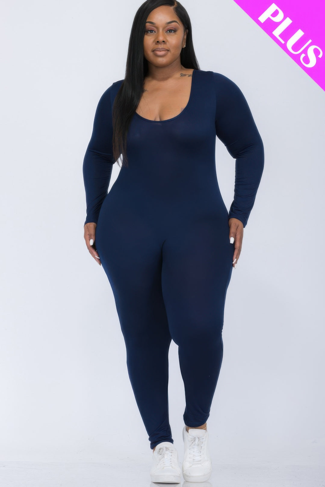 Plus Size Scoop Neck Long Sleeve Bodycon Jumpsuit - Love it Curvy