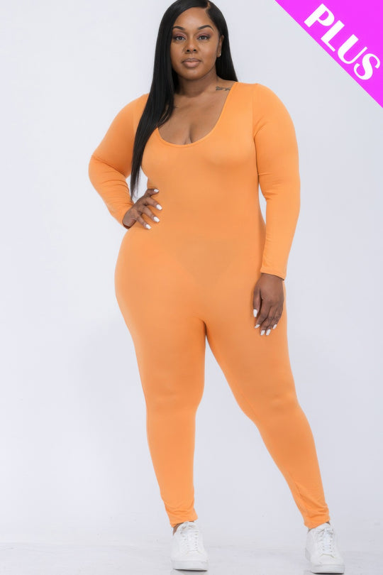 Plus Size Scoop Neck Long Sleeve Bodycon Jumpsuit - Love it Curvy
