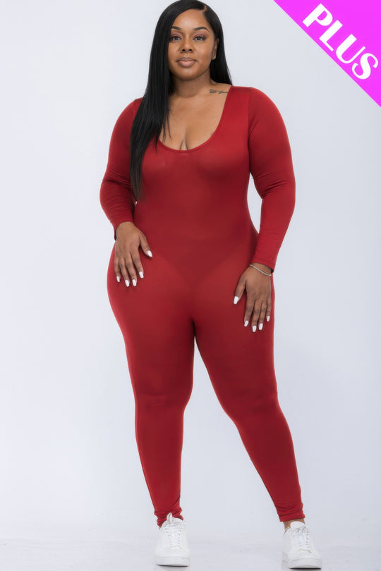 Plus Size Scoop Neck Long Sleeve Bodycon Jumpsuit - Love it Curvy