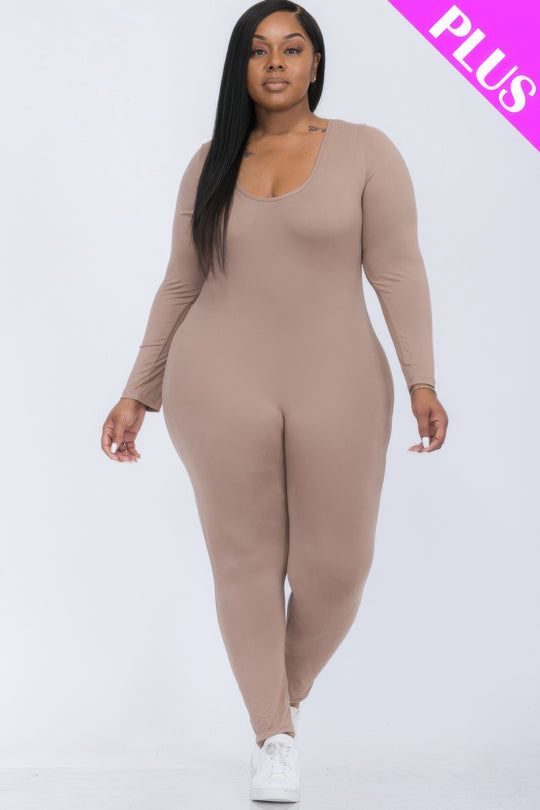 Plus Size Scoop Neck Long Sleeve Bodycon Jumpsuit - Love it Curvy