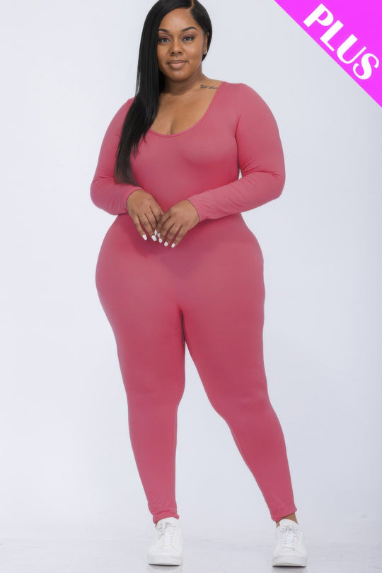 Plus Size Scoop Neck Long Sleeve Bodycon Jumpsuit - Love it Curvy