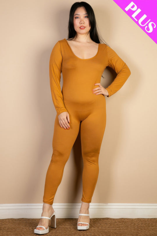 Plus Size Scoop Neck Long Sleeve Bodycon Jumpsuit - Love it Curvy