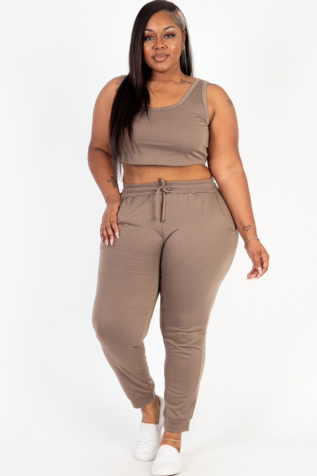 Plus Size French Terry Cropped Tank Top & Joggers Set - Love it Curvy