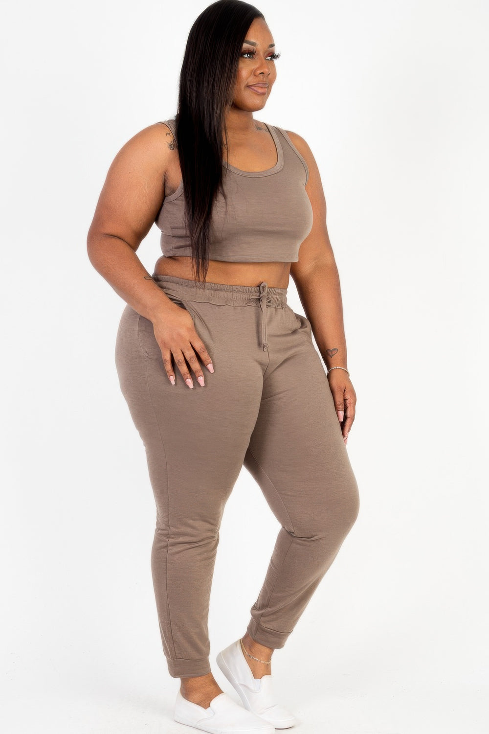Plus Size French Terry Cropped Tank Top & Joggers Set - Love it Curvy