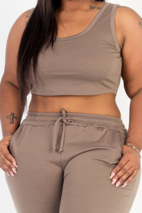 Plus Size French Terry Cropped Tank Top & Joggers Set - Love it Curvy
