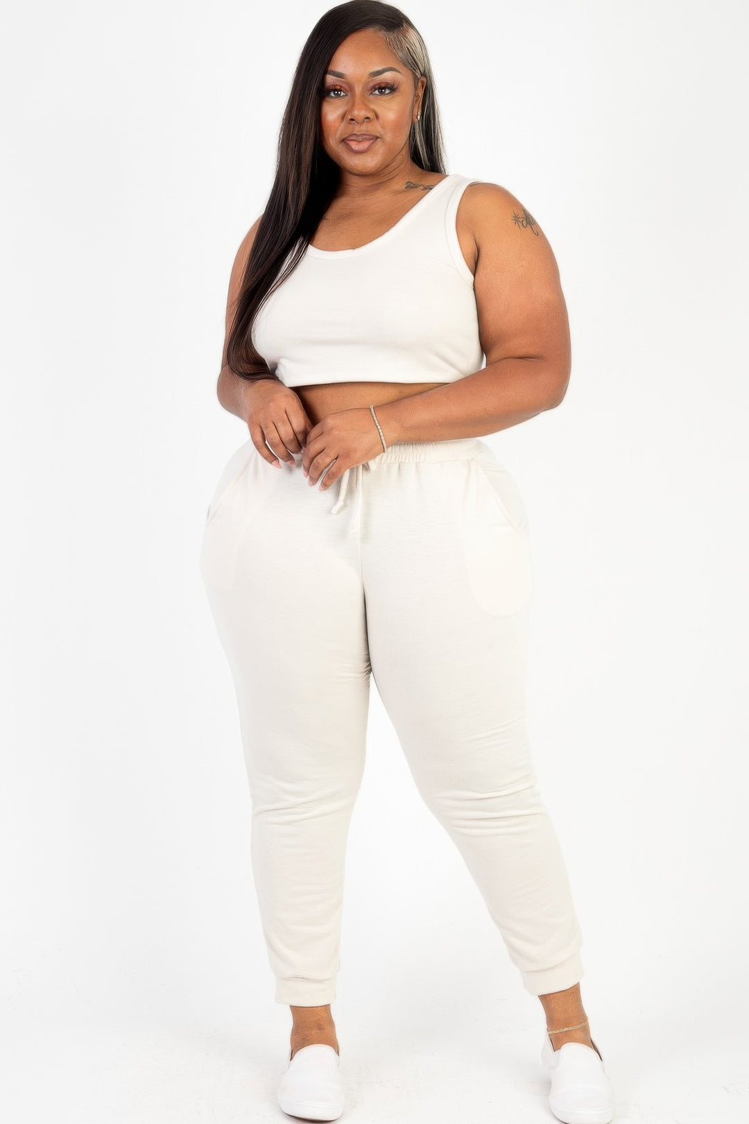 Plus Size French Terry Cropped Tank Top & Joggers Set - Love it Curvy